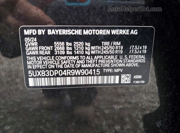 5UX83DP04R9W90415 2024 BMW X3 Угольный Вид наклейки с VIN-кодом