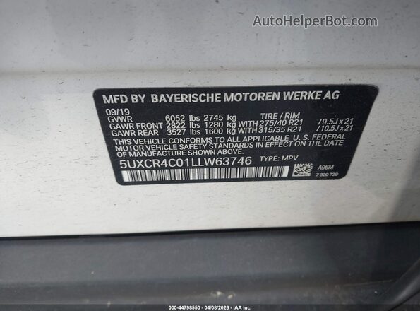 5UXCR4C01LLW63746 2020 BMW X5 White Widok komory silnika
