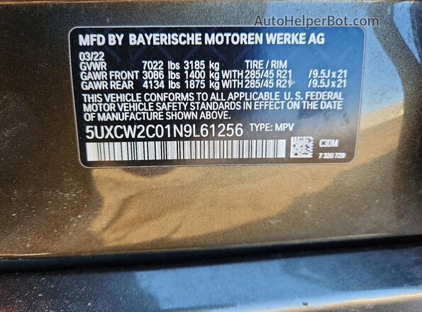 5UXCW2C01N9L61256 2022 BMW X7 Charcoal Vista interior de 360 grados