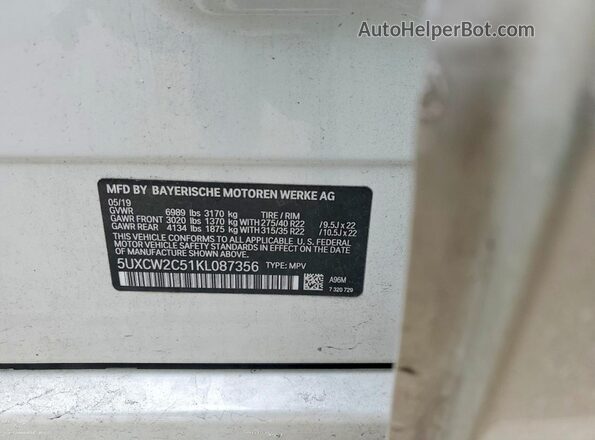 5UXCW2C51KL087356 2019 BMW X7 Белый Вид наклейки с VIN-кодом