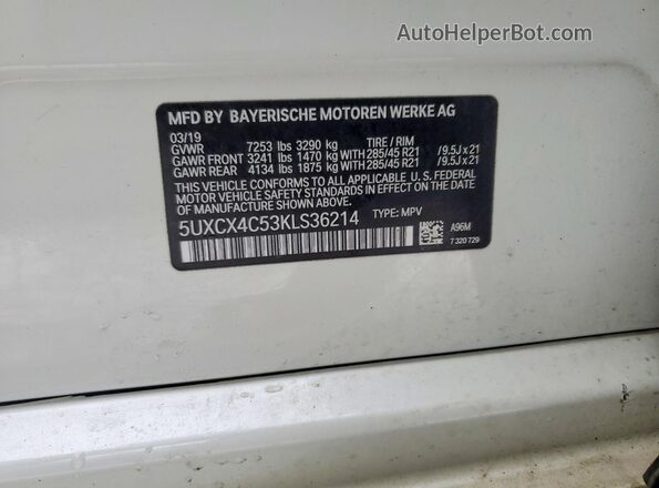 5UXCX4C53KLS36214 2019 BMW X7 Белый Вид наклейки с VIN-кодом
