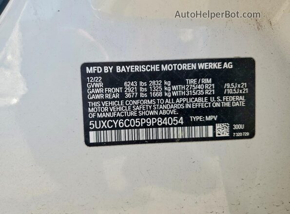 5UXCY6C05P9P84054 2023 BMW X6 White Widok naklejki z numerem VIN