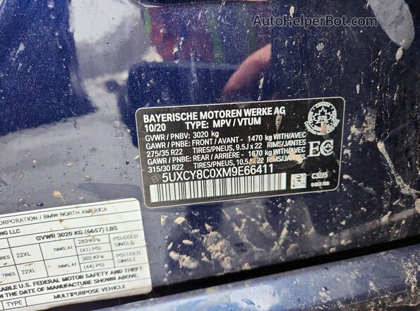 5UXCY8C0XM9E66411 2021 BMW X6 Blue VIN կոդի պիտակի տեսք
