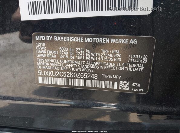 5UXKU2C52K0Z65248 2019 BMW X6 Black Vista del compartimento del motor
