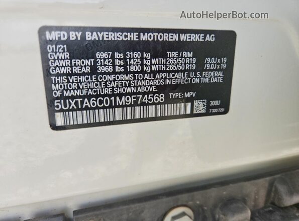 5UXTA6C01M9F74568 2021 BMW X5 Белый Панорамный вид салона 360°