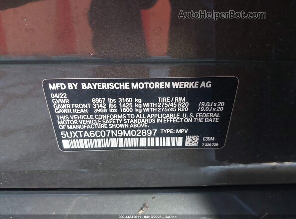 5UXTA6C07N9M02897 2022 BMW X5 Серый Вид подкапотного пространства