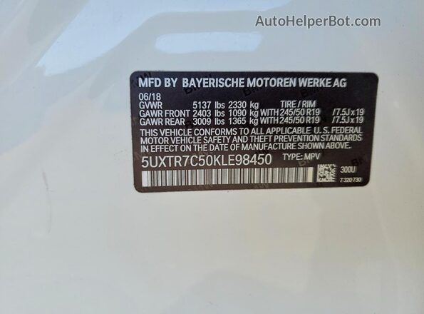 5UXTR7C50KLE98450 2019 BMW X3 Белый Вид наклейки с VIN-кодом