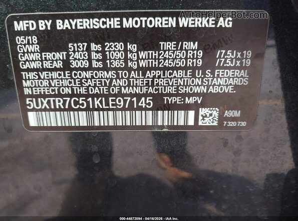 5UXTR7C51KLE97145 2019 BMW X3 Black Widok komory silnika