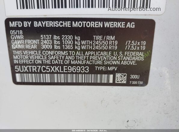 5UXTR7C5XKLE96933 2019 BMW X3 Белый Вид подкапотного пространства