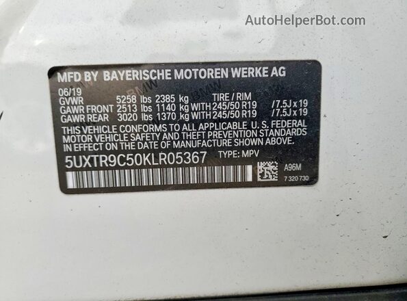 5UXTR9C50KLR05367 2019 BMW X3 White VIN კოდის სტიკერის ხედი