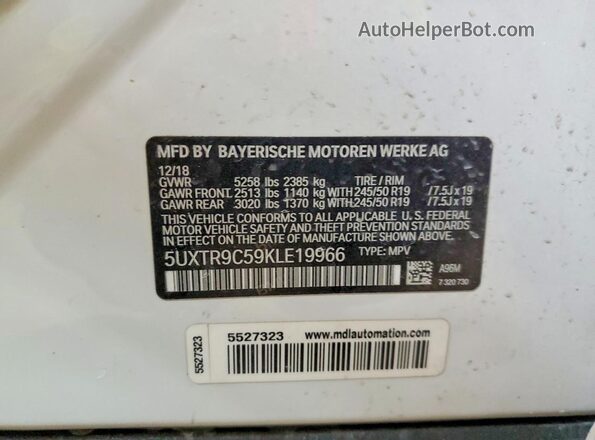 5UXTR9C59KLE19966 2019 BMW X3 White VIN կոդի պիտակի տեսք