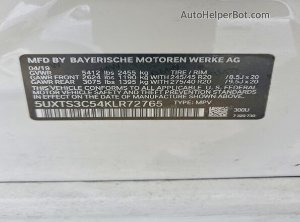 5UXTS3C54KLR72765 2019 BMW X3 White Widok naklejki z numerem VIN