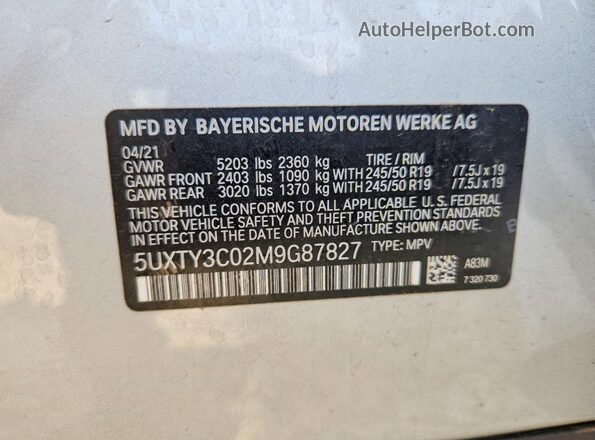 5UXTY3C02M9G87827 2021 BMW X3 Серебряный Панорамный вид салона 360°