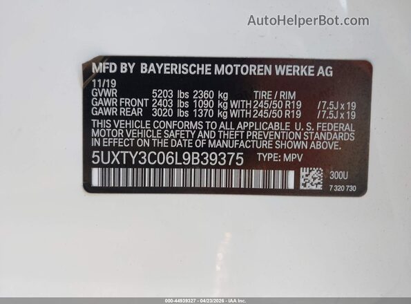 5UXTY3C06L9B39375 2020 BMW X3 White ძრავის განყოფილების ხედი