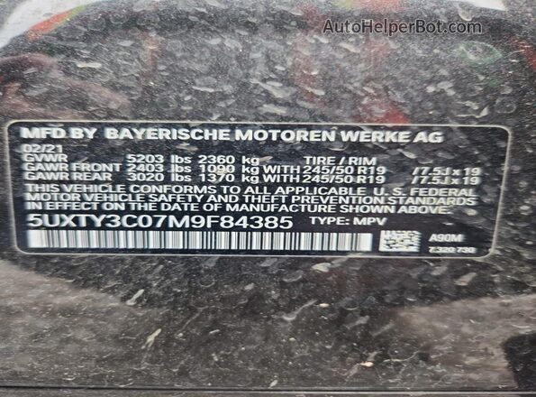5UXTY3C07M9F84385 2021 BMW X3 Черный Вид наклейки с VIN-кодом