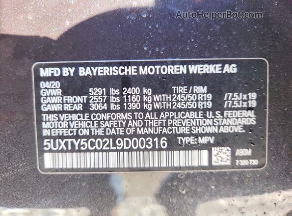 5UXTY5C02L9D00316 2020 BMW X3 Black Widok naklejki z numerem VIN
