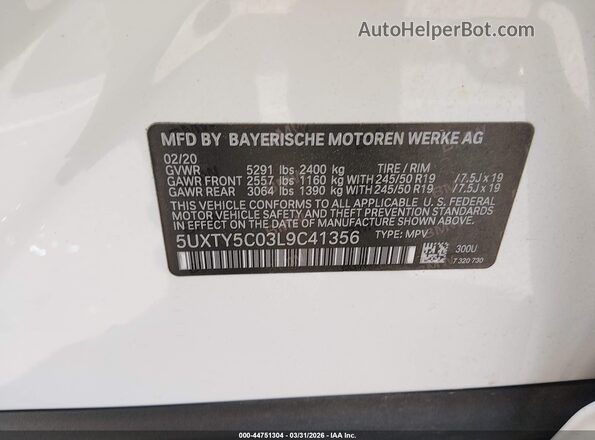5UXTY5C03L9C41356 2020 BMW X3 White ძრავის განყოფილების ხედი