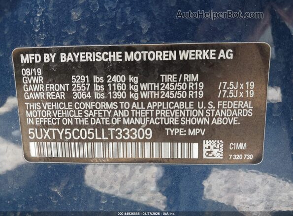 5UXTY5C05LLT33309 2020 BMW X3 Blue Widok komory silnika