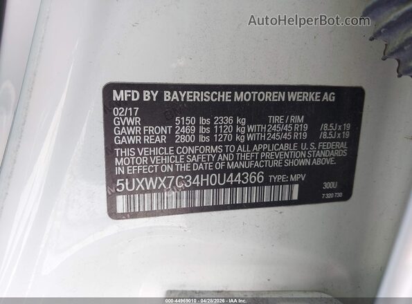 5UXWX7C34H0U44366 2017 BMW X3 Белый Вид подкапотного пространства