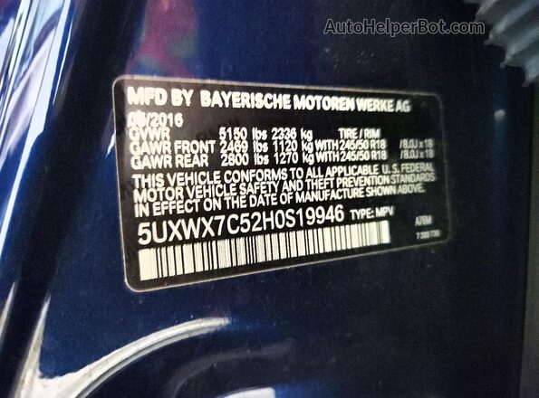 5UXWX7C52H0S19946 2017 BMW X3 Синий Вид наклейки с VIN-кодом