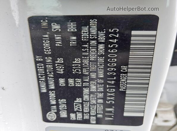 5XXGT4L39GG065425 2016 KIA OPTIMA White Շարժիչի բաժամունքի տեսք