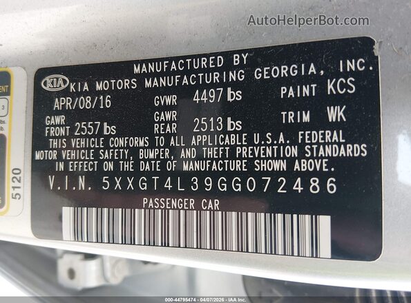 5XXGT4L39GG072486 2016 KIA OPTIMA Серый Вид подкапотного пространства