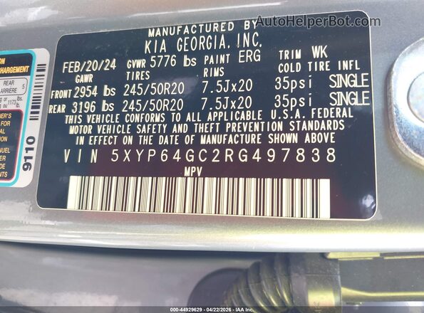 5XYP64GC2RG497838 2024 KIA TELLURIDE Gray Engine compartment view