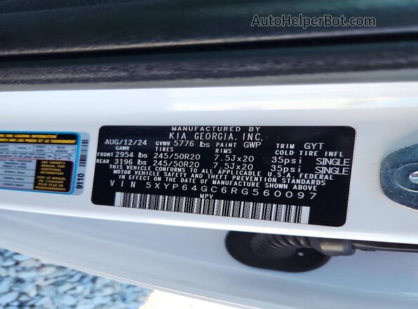 5XYP64GC6RG560097 2024 KIA TELLURIDE White VIN კოდის სტიკერის ხედი
