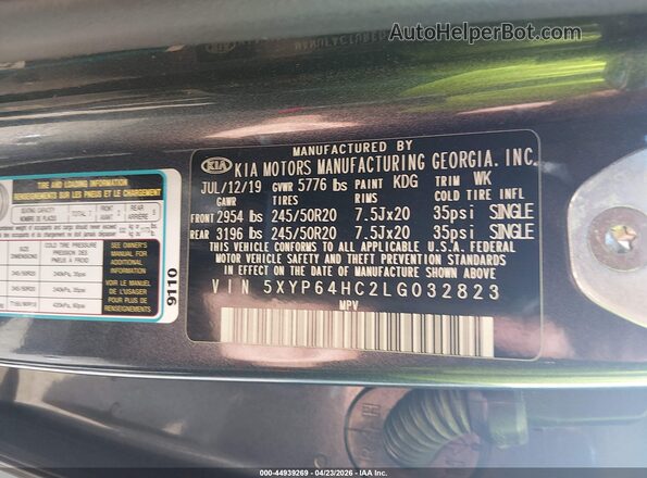 5XYP64HC2LG032823 2020 KIA TELLURIDE Черный Вид подкапотного пространства