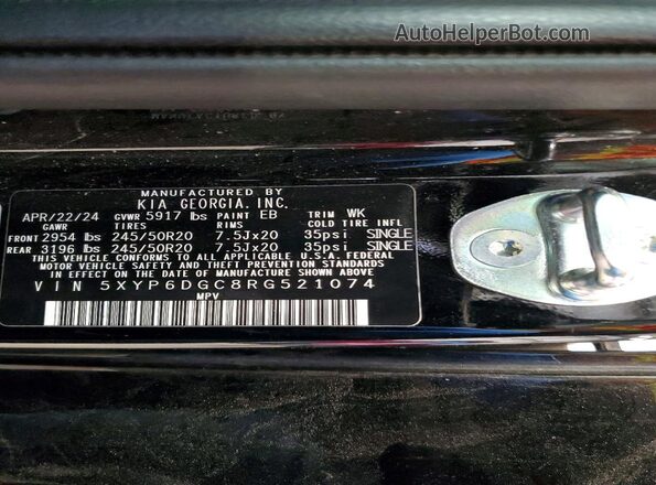 5XYP6DGC8RG521074 2024 KIA TELLURIDE Черный Вид наклейки с VIN-кодом