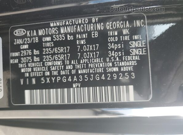 5XYPG4A35JG429253 2018 KIA SORENTO Черный Вид наклейки с VIN-кодом
