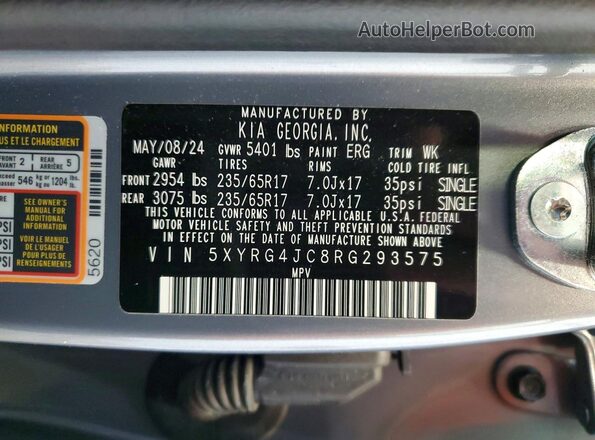 5XYRG4JC8RG293575 2024 KIA SORENTO Gray Vista de la etiqueta del VIN