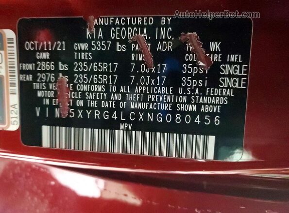 5XYRG4LCXNG080456 2022 KIA SORENTO Burgundy Widok naklejki z numerem VIN