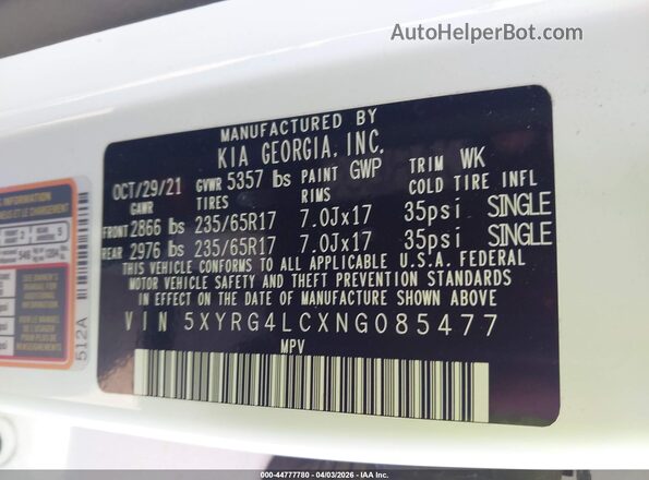 5XYRG4LCXNG085477 2022 KIA SORENTO White Engine compartment view