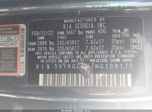 5XYRGDLC1NG108175 2022 KIA SORENTO Black Engine compartment view