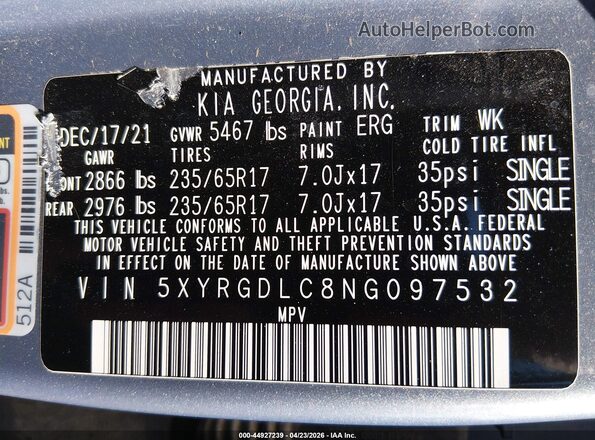 5XYRGDLC8NG097532 2022 KIA SORENTO Blue Շարժիչի բաժամունքի տեսք