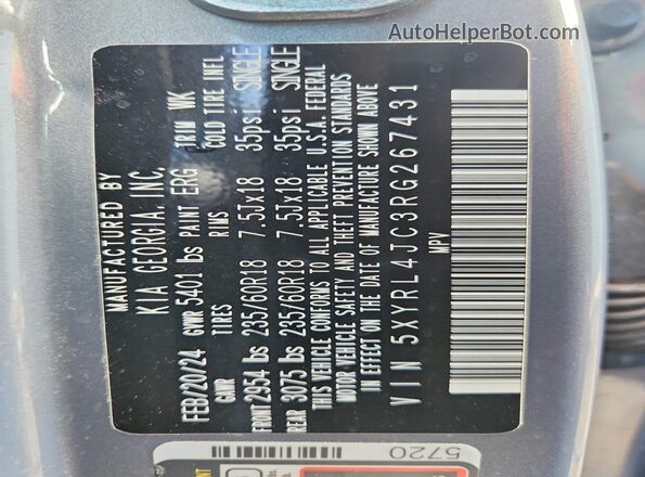 5XYRL4JC3RG267431 2024 KIA SORENTO Gray Вид наклейки з VIN-кодом