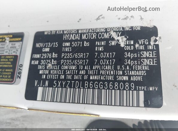 5XYZTDLB6GG368089 2016 HYUNDAI SANTA FE SPORT Белый Вид подкапотного пространства