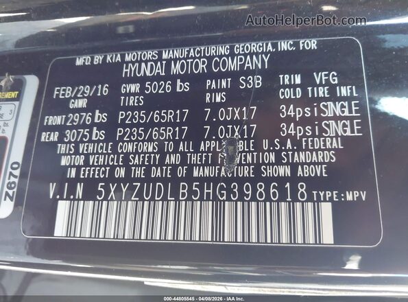 5XYZUDLB5HG398618 2017 HYUNDAI SANTA FE SPORT Черный Вид подкапотного пространства