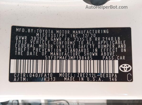 5YFDPMAE3MP198485 2021 TOYOTA LL White Вид підкапотного простору