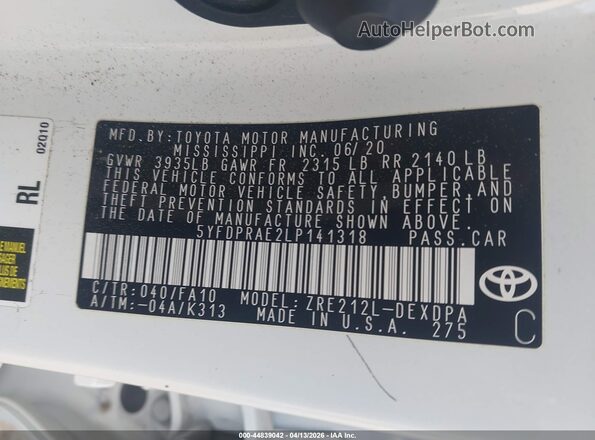 5YFDPRAE2LP141318 2020 TOYOTA LL White ძრავის განყოფილების ხედი