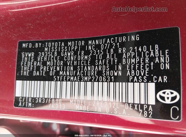 5YFEPMAE3MP270631 2021 TOYOTA LL Red Widok komory silnika