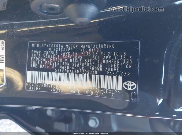 5YFEPMAE4MP239310 2021 TOYOTA LL Black Vista del compartimento del motor