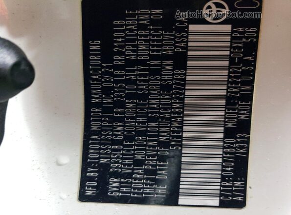 5YFEPMAE8MP227788 2021 TOYOTA LL Белый Вид подкапотного пространства