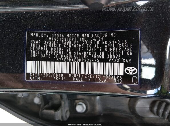 5YFEPMAE9MP238475 2021 TOYOTA LL Черный Вид подкапотного пространства