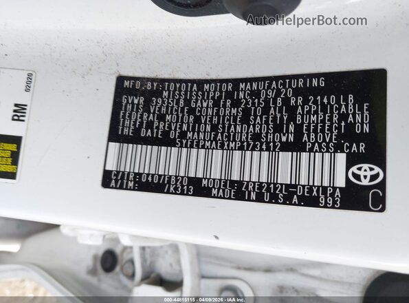 5YFEPMAEXMP173412 2021 TOYOTA LL White Vista del compartimento del motor