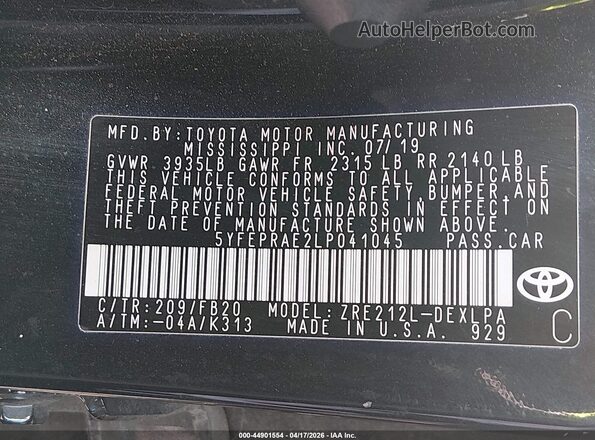 5YFEPRAE2LP041045 2020 TOYOTA LL Black Вид підкапотного простору