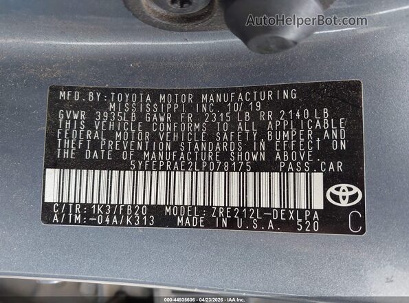 5YFEPRAE2LP078175 2020 TOYOTA LL Blue Widok komory silnika