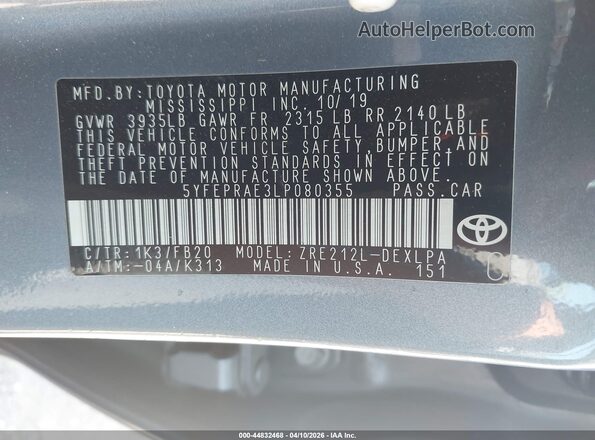 5YFEPRAE3LP080355 2020 TOYOTA LL Синий Вид подкапотного пространства