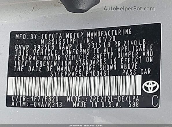 5YFEPRAE5LP100461 2020 TOYOTA LL Silver Vista del compartimento del motor